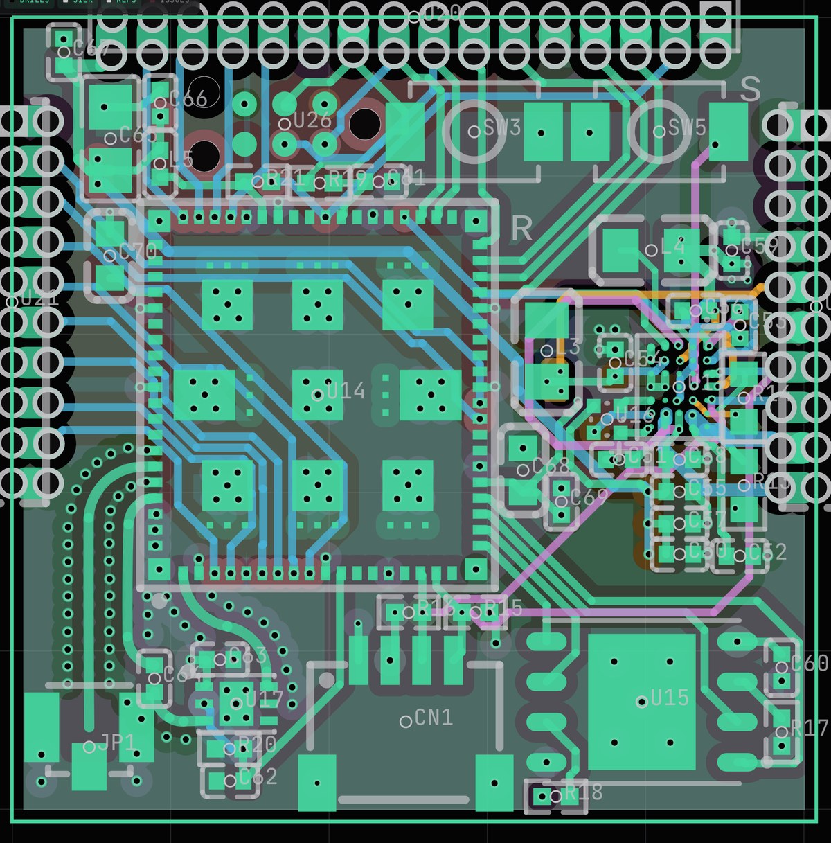 Reconstructed nRF9151 Stamp K board: copper, pads, drills and silkscreen